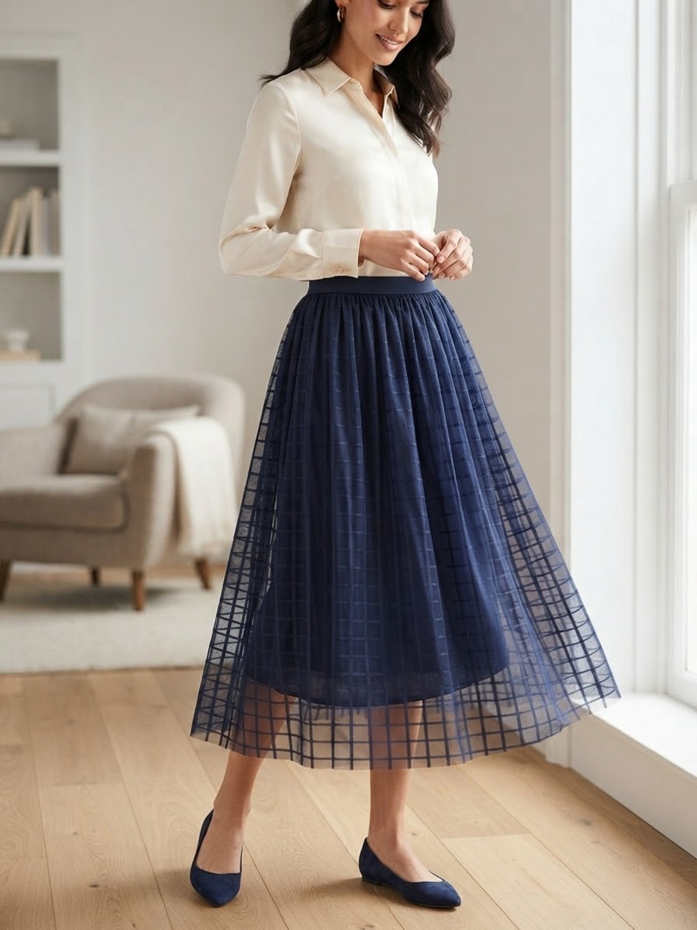 Women's Navy Grid Tulle Midi Skirt
